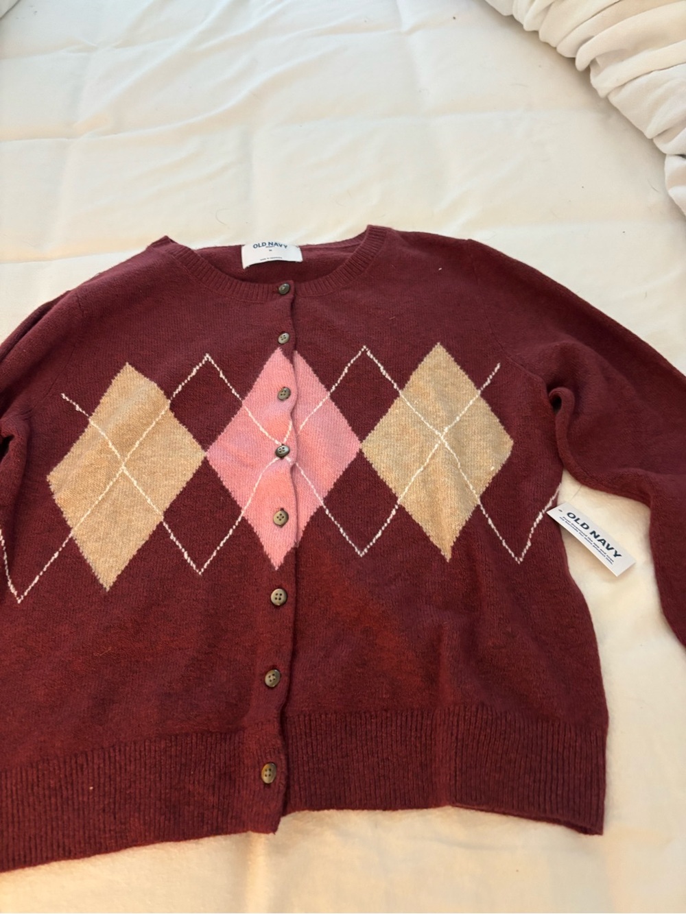 Old Navy Burgundy Argyle Button Cardigan with Pink and Tan Diamonds